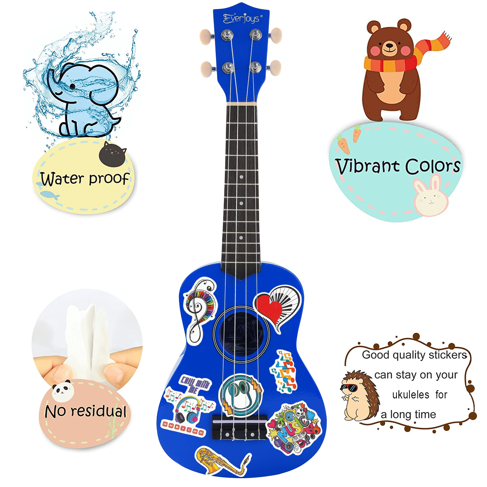 Everjoys 21" Soprano Ukulele Beginner Kit w/ Free Online Lesson, Gig Bag, Strap, Digital Tuner, Spare String, Picks, Polishing Cloth, Rainbow Series