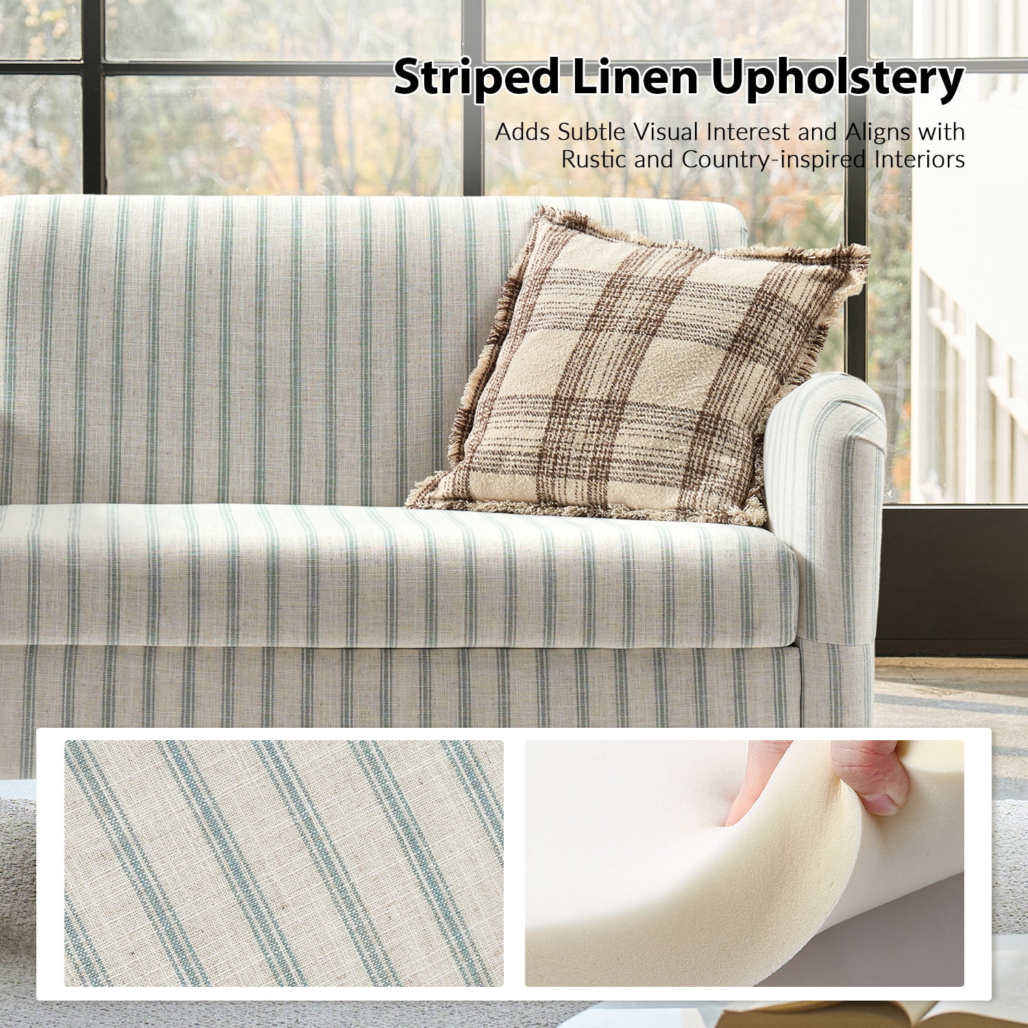 Tina's Home 50" Farmhouse Loveseat Sofa, Stripe Blue Upholstered Couch with Wide Seat, Sloped Arms and Solid Wood Bobbin Legs