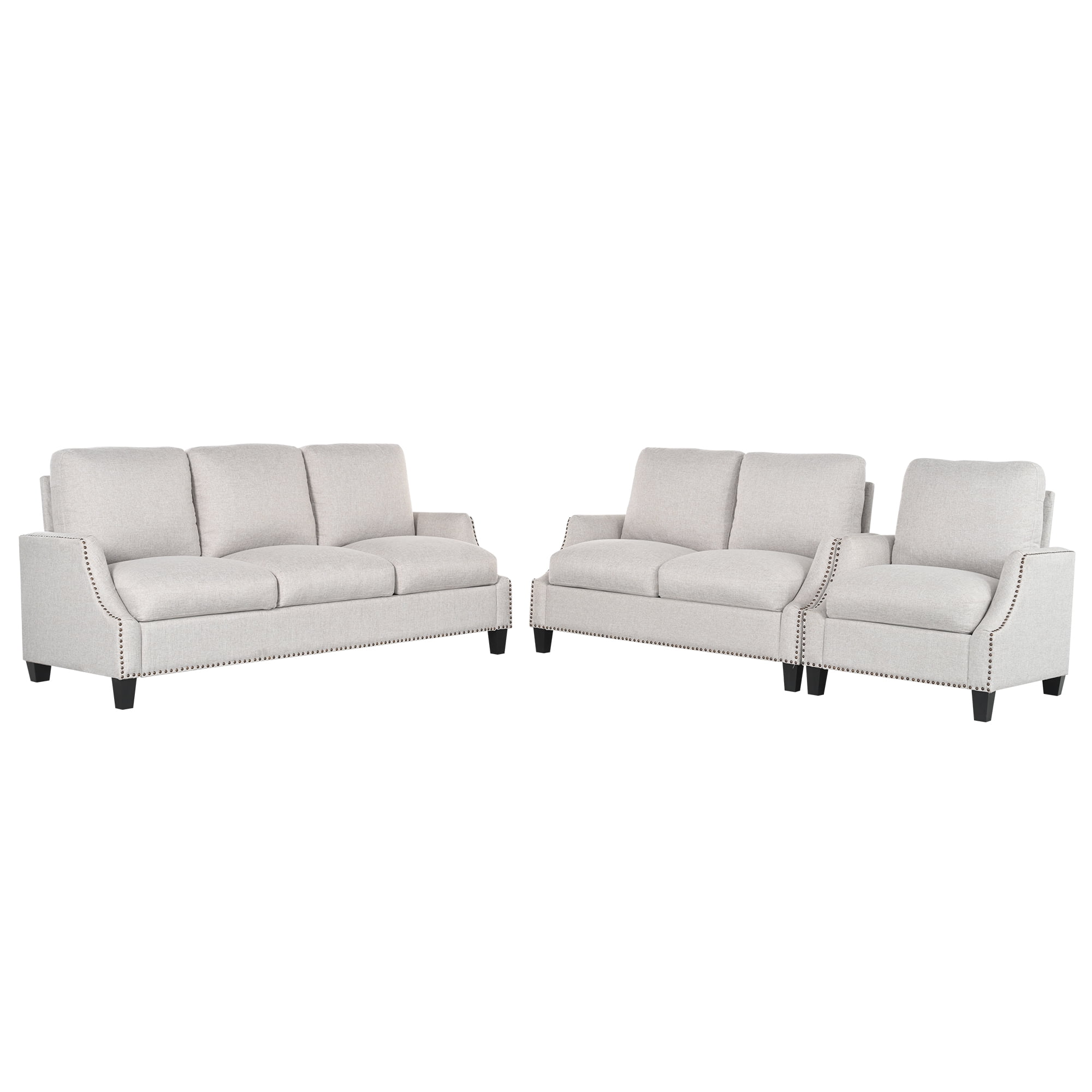 Aukfa 3 Piece Living Room Sofa Set, Modern Upholstered Sectional Couch with 3 Seater Sofa, Loveseat and Armchair, Furniture Set, Beige