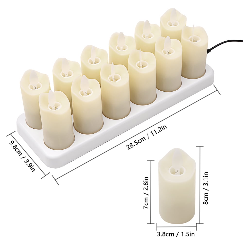 Set of 12 Rechargeable LED Pillar Candles - Flameless, Warm Yellow, Flickering Electric Candle Lights for Christmas, Weddings, and Parties