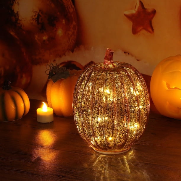 Linterna LED con forma de calabaza y temporizador | Calabaza de cristal luminosa para decoración de otoño y Halloween | Luz nocturna LED a pilas para decoración del hogar en temporada