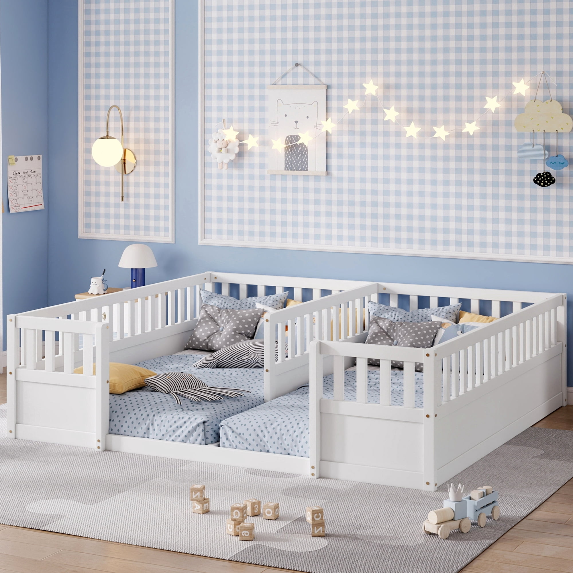 Leumius Double Pine Wood Twin Floor Bed with Semi-Enclosed Safety Guardrails, Open Entrance for Kids Bedroom White