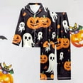 thumbnail image 2 of Womens Halloween Pajamas Full Theme Printed Long Sleeve Pocket Button Down Lapel Shirts Loose Casual Pants Soft Fall Winter Nightwear Comfy Silk 2 Pc Womens Loungewear Set Orange S, 2 of 7