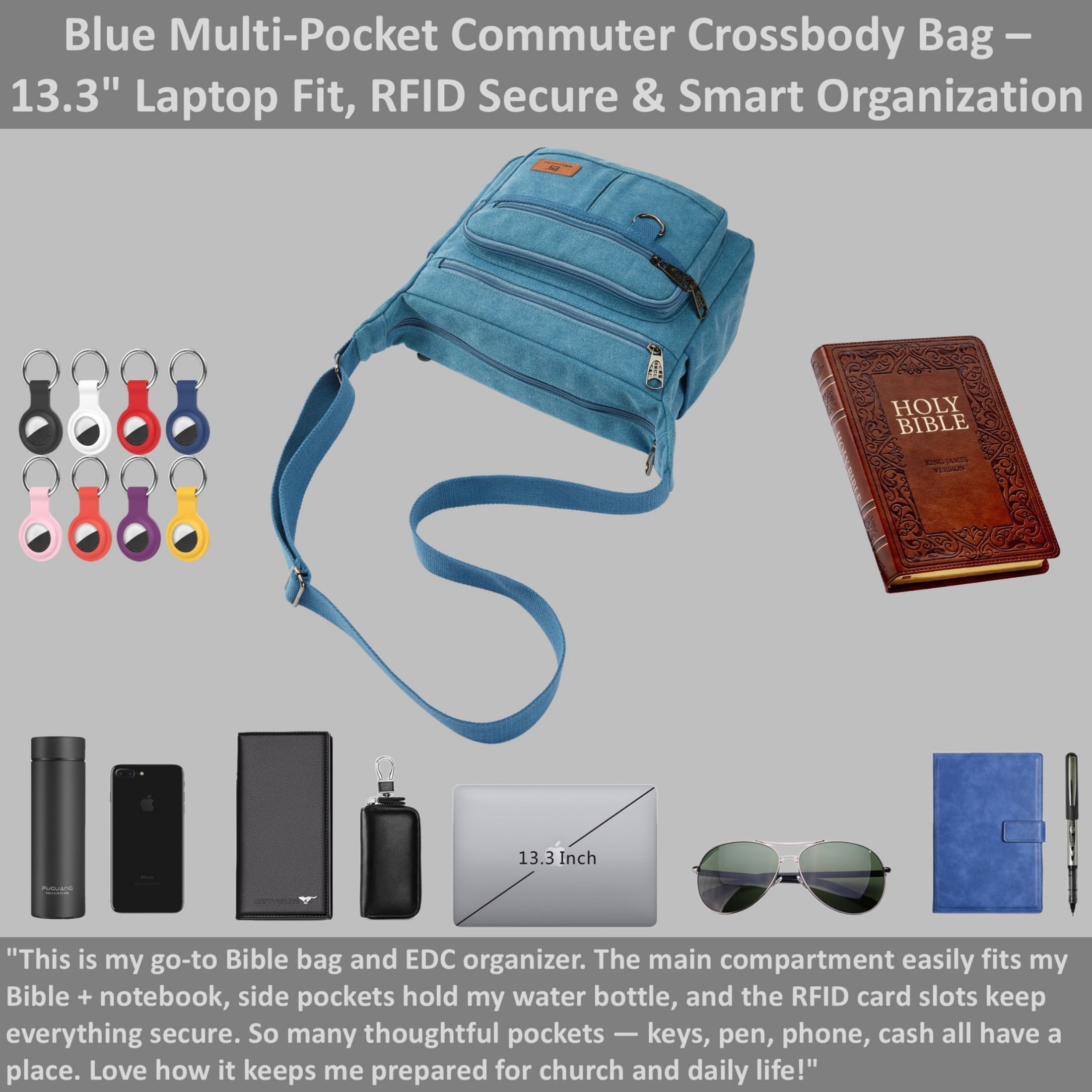 Crossbody Messenger Bag for iPad Pro 12.9 inches, Rfid Shoulder Purse w/Water Bottle Holders, 13 inch Laptop Briefcase, Built-in Wallet With AirTag Case Blue