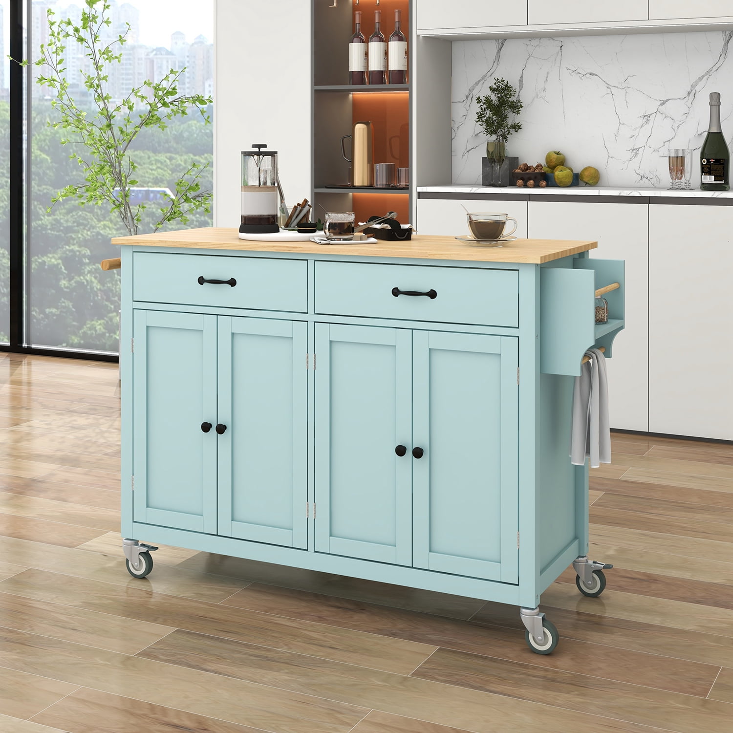 Kadyn Moveable Kitchen Island Cart, Rolling Bar Cart with 4 Door Cabinet and Two Drawers and 2 Locking Wheels, Kitchen Cart for Kitchen, Green Kadyn Moveable Kitchen Island Cart, Rolling Bar Cart with 4 Door Cabinet and Two Drawers and 2 Locking Wheels, Kitchen Cart for Kitchen, Green