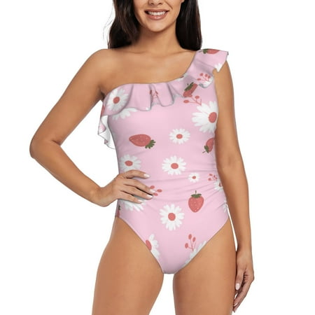 Lukts Hand Drawn Strawberry Women One Piece Swimsuits Tummy Control One Shoulder Bathing Suits Ruffle Swimwear-X-Large