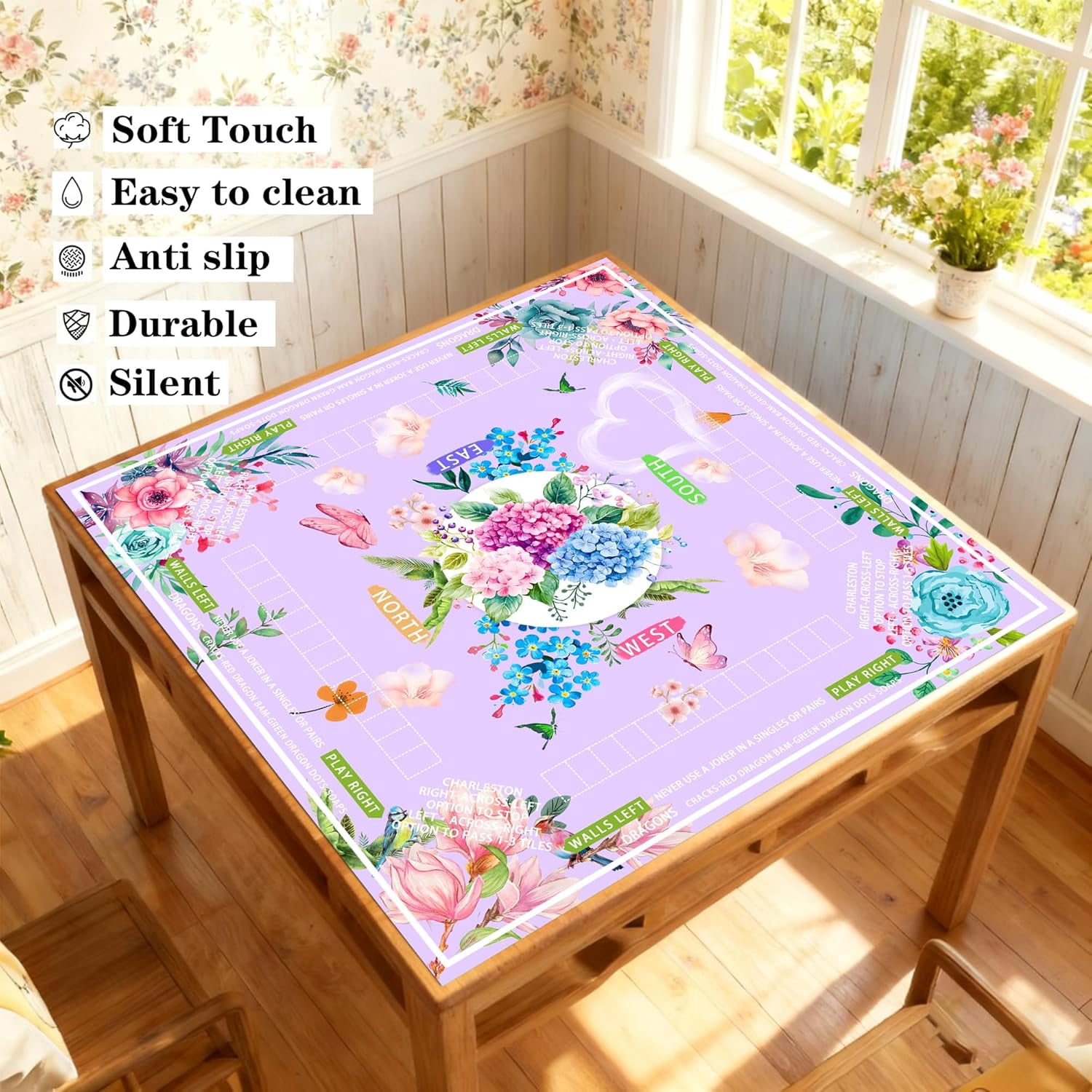Mahjong mat for Table/31.5lnch/American Mahjong Table Cloth with Rules mats with Drawstring Bag,Noise ReductionAnti-Slip Game mat for Table,for Mahiona/PokerBoard Games/Card Games (Light purple)