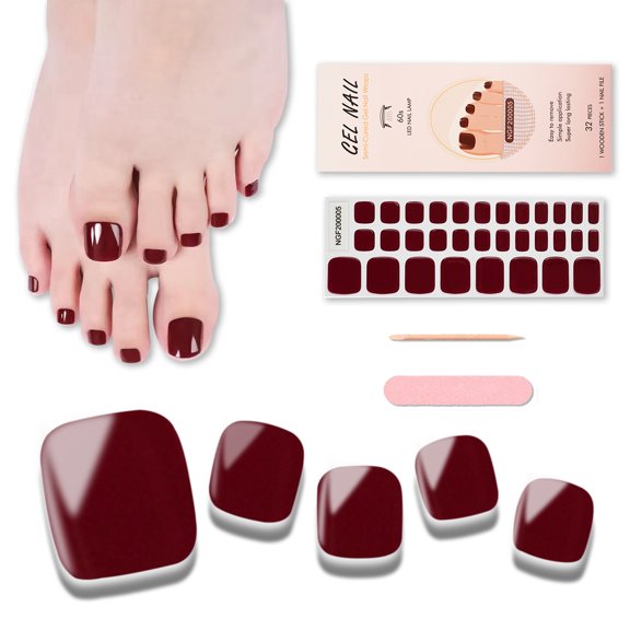Foyute Semi Cured Gel Nail Strips 32 Pcs,Toenail Wraps Soft Self-Adhesive Gel Pedicure Stickers Salon-Quality,Long Lasting,Easy to Apply & Remove,with Nail File & Wooden Cuticle Stick(Burgundy)