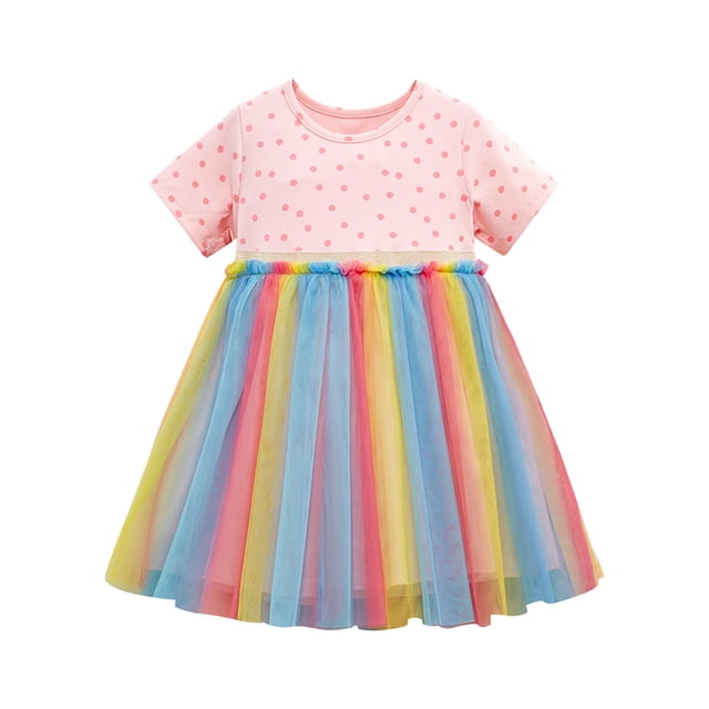 vdgthytj Robes d'Été en Tulle pour Tout-Petites Filles Imprimées Col Ras du Cou Manches Courtes en Maille Robe de Princesse pour Fête d'Anniversaire