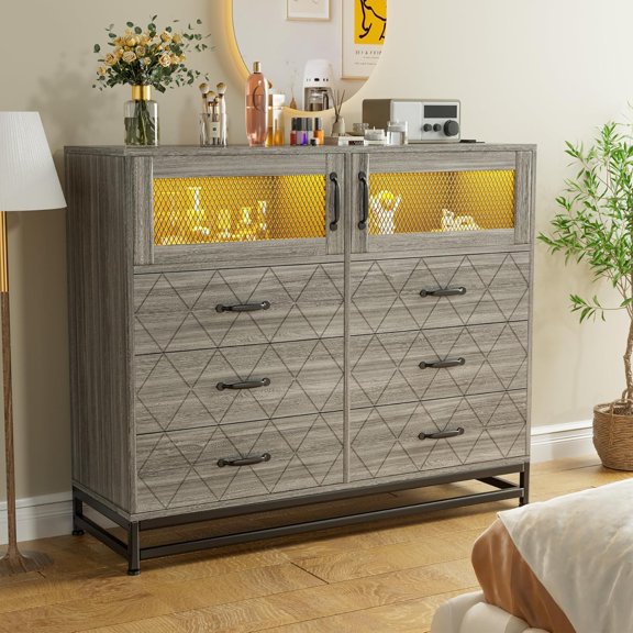 IDEALHOUSE Dressers 6 Drawer Oak Gray Dresser with Shelves, Modern Storage Cabinet Chest for Bedroom, Entryway, Hallway, Charging Station, Display Doors, 47in Wide