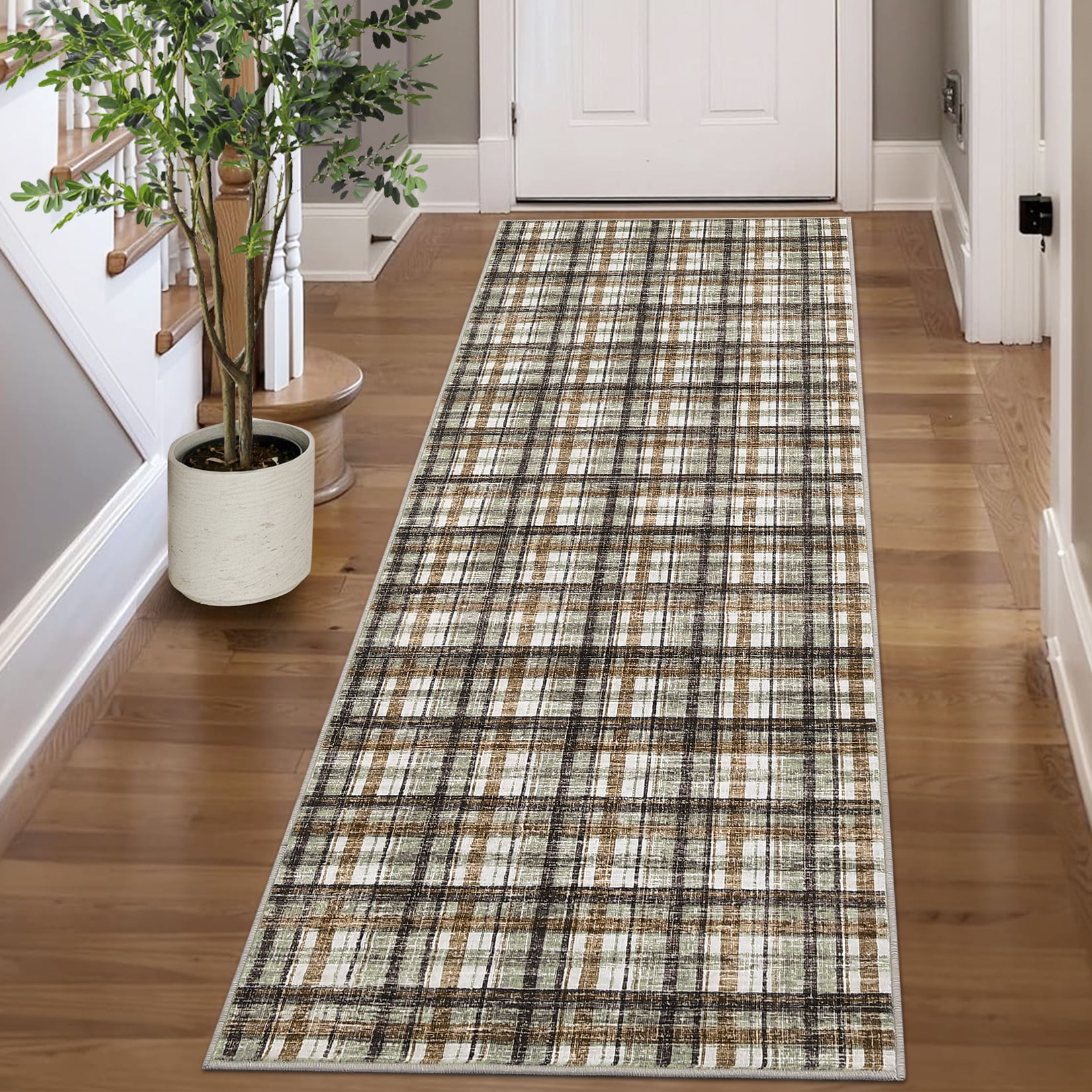 Garvee 2x6 Geometric Striped Runner Rug, Machine Washable Plaid Rugs With Non-Slip Backing Low Pile Stain Resistant Indoor Carpet for Hallway Kitchen Entryway Bathroom, Coffee