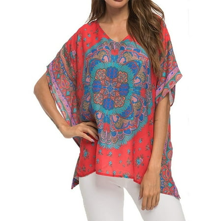 

Tomshoo Women Bohemian Style Printed and Bat-wing Sleeved Linen Loose V-Neck Half Sleeve Red XXL