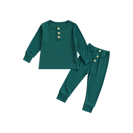 

2 Pieces Kids Nightwear Unisex Solid Color Round Neck Long Sleeve Tops+ Long Pants for Autumn