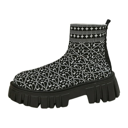 OJSFQUFP Womens Booties Ladies Simple Casual Knitted Breathable Socks Thick Bottom Shoes Mid Round Toe Large Size Boots Ankle Boots Short Boots Chelsea Boots Women Waterproof Black 39