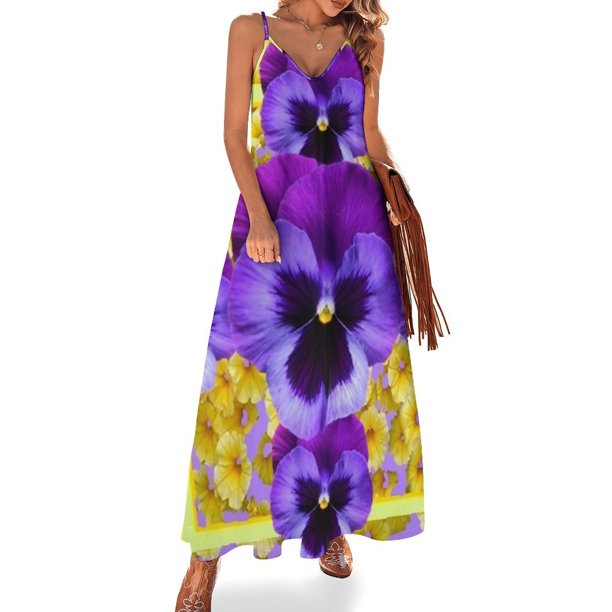 PENSAMIENTOS MORADOS EN FLORAL AMARILLO RDEN Vestido sin mangas Vestido de playa con falda para mujer