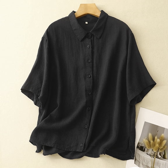 CUSTG Casual Shirts For Women Summer Vintage Comfortable Loose Solid Color Button Down Lapel Blouse Versatile Tops