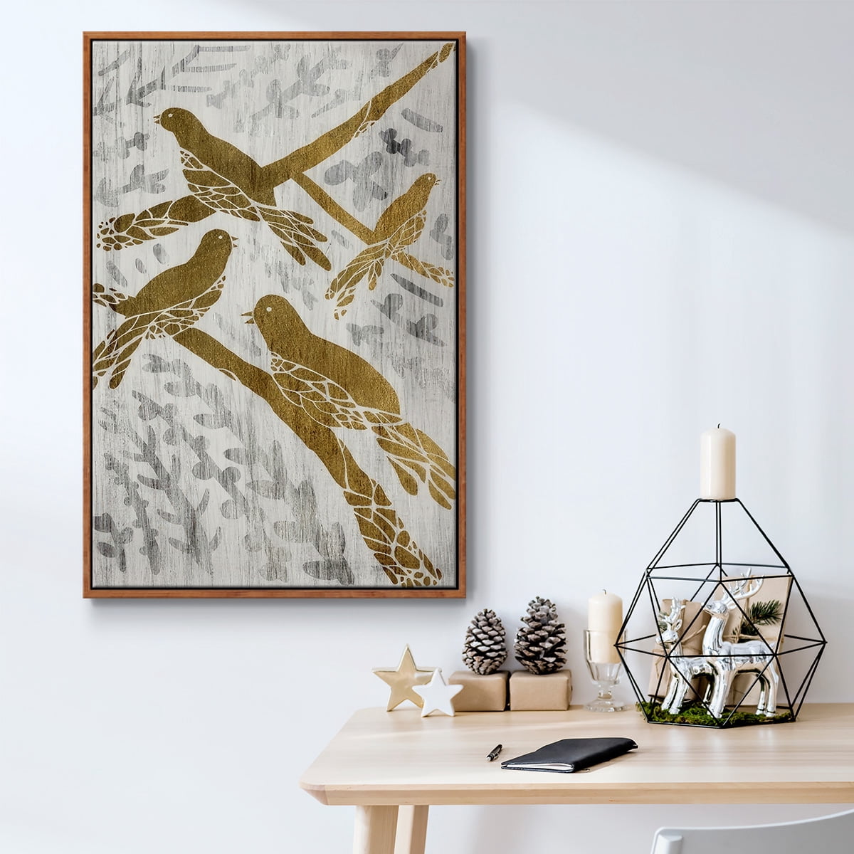 Four Calling Birds - Gold Leaf Holiday - Framed Gallery Wrapped Holiday Canvas - 27 x 41 - Rosewood Frame
