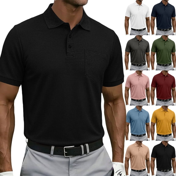 Hearthz S-5XL Mens Polo Shirts Waffle Textured Short Sleeve Shirt for Men Big and Tall Solid Color Mens Golf Polos with Chest Pocket Light Gray 5XL