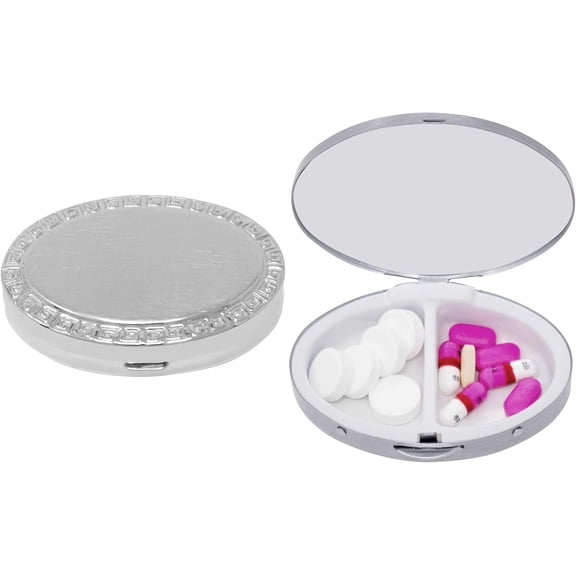Set of 2 Oval-Shaped Pocket Purse Pill Box & Organizer With Dual Compartments (Silver Border Print)