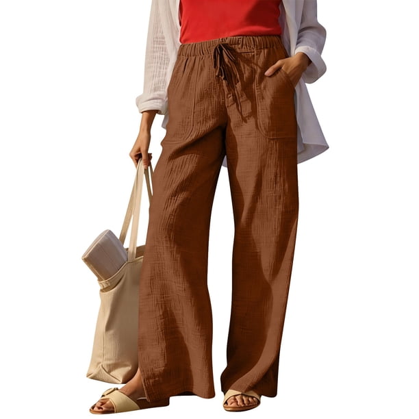 TaTaai Women High Waist Loose Fit Cotton Linen Long Pants Solid Color With Pockets Casual Style Breathable Lightweight Machine Washable No Fading Daily Street Wear Gift