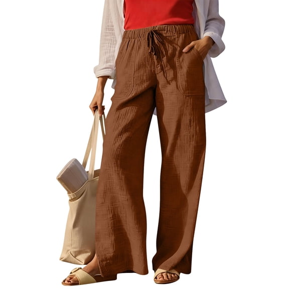 Dianli Summer Pants Elastic Waist Linen Pocket High Waisted Casual Trousers Breathable Cotton Linen Blend Relaxed Fit Wide Leg Pocketed Pants for Women Beach Office Travel