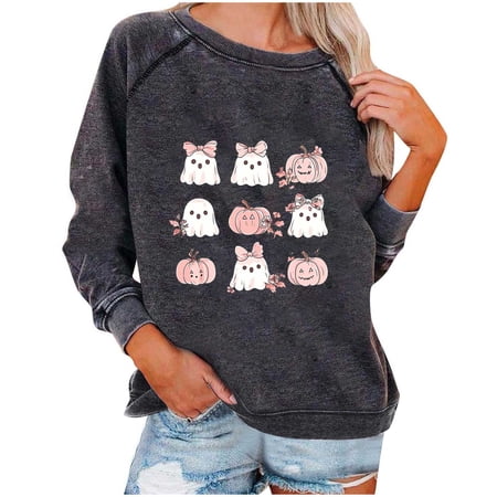 aohooy Women s Fall Halloween Tops Halloween Sweatshirts Cute Ghost Graphic Crewneck Sweatshirt Oversized Long Sleeve Pullover Tops 2025 Gray S