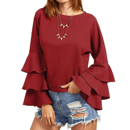 New Fashion Women Flared Bell Sleeve Casual Solid Ladies Tops Blouse ...