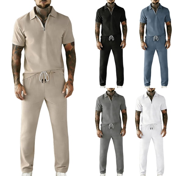 mihongmao Spring Outfits for Men Summer Solid Color Short Sleeve Casual Zipper Top Elastic Waist Drawstring Pocket Pants Set Khaki 3X