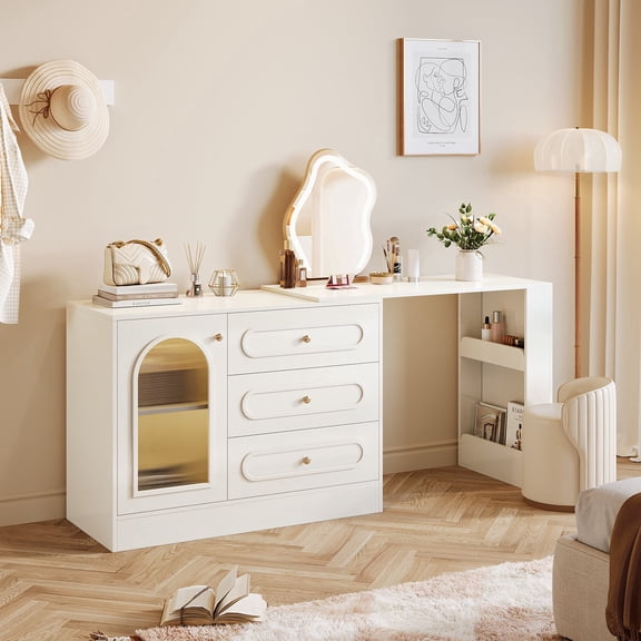 Fnova 78" Corner Vanity Desk with 3 Drawers, Modern Makeup Vanity Desk with Extendable Table & Reversible Cabinet for Bedroom, White (Without Mirror)
