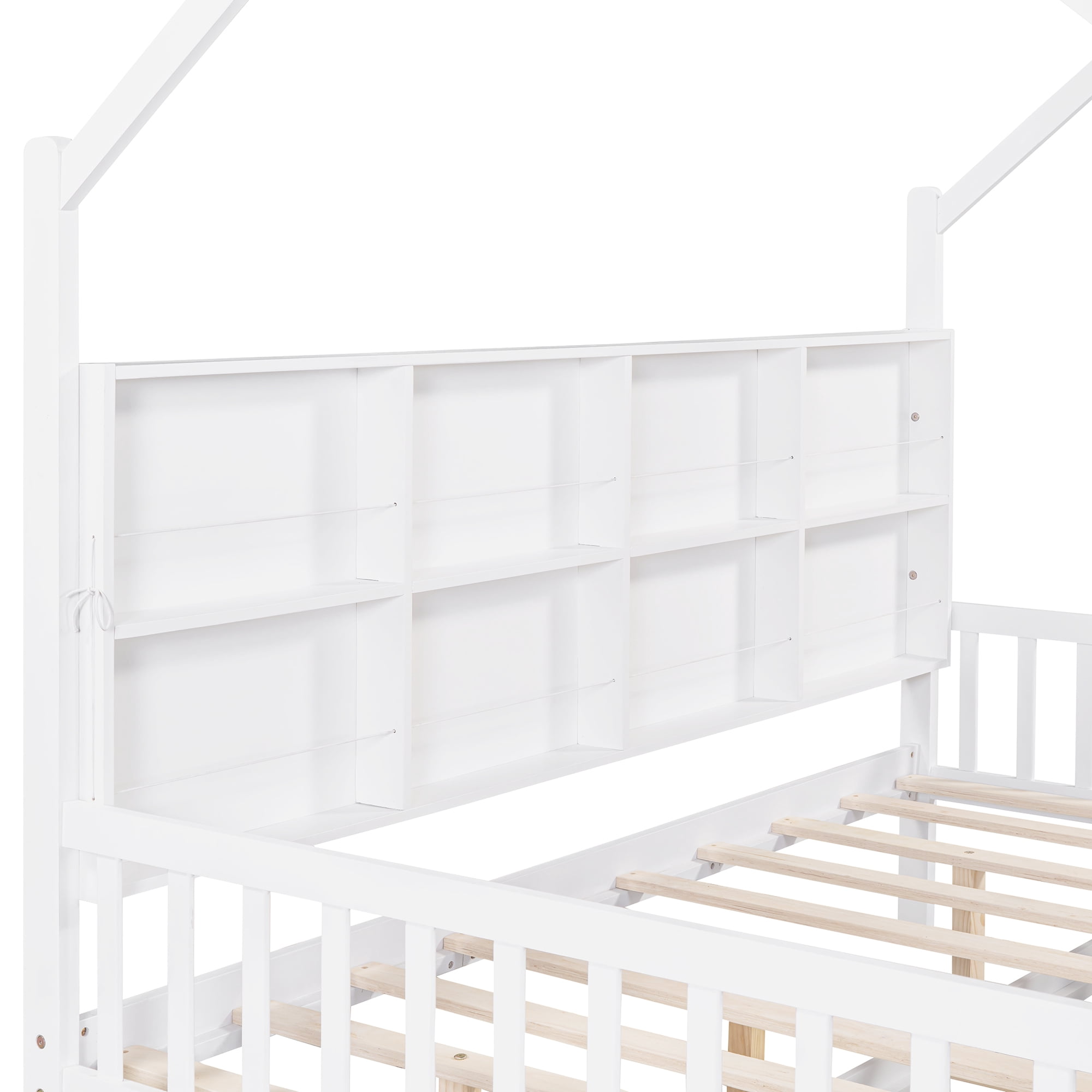 Aukfa House Bed with Trundle, Full Platform Bed with Storage Shelves and Roof - White