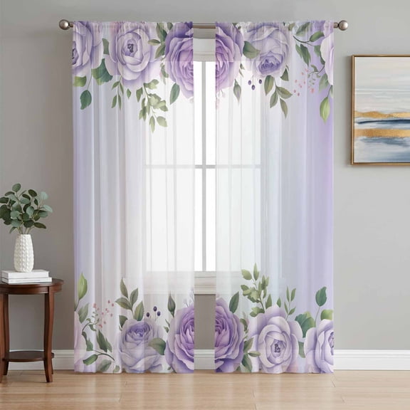 Spring Flowers Sheer Curtains 96 Inch Length 2 Panels Set Window Treatments, Botanical Purple Floral Leaaves Gradient Rod Pocket Semi Curtains for Living Room/Bedroom/Kitchen Décor, 104"W x 96"L