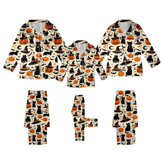 UJNDER Matching Family Halloween Print Pajama Long Sleeve Silk Like Sleepwear for Kids Comfortable Loungewear Party Outfit Women Beige_001 L