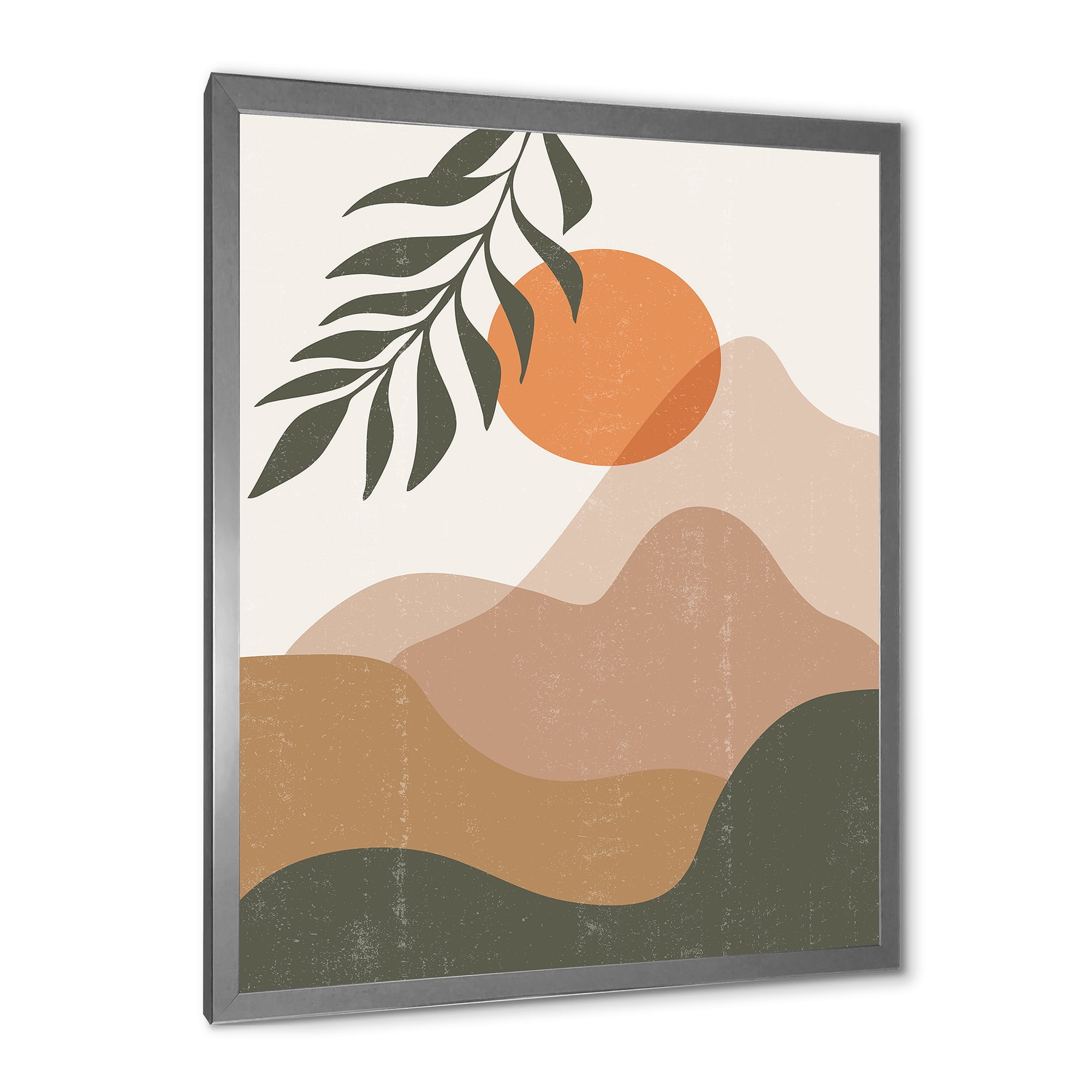 Designart 'Abstract Earth Toned Mountains With Red Moon I' Modern Framed Art Print