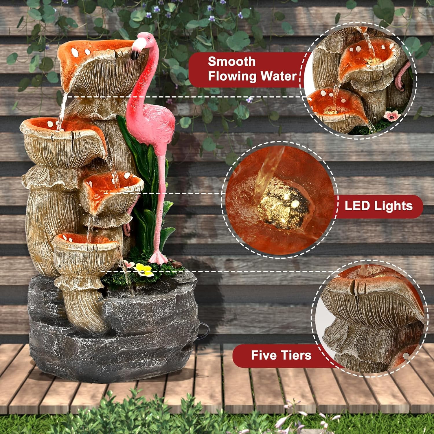 5 Tier Outdoor Garden Water Fountain, 25" H Waterfall Fountain with 5 LED Lights and Pump, Floor Standing Cascading Resin Fountains for Indoor and Patio Garden, Modern Flamingo Fountains, Pink