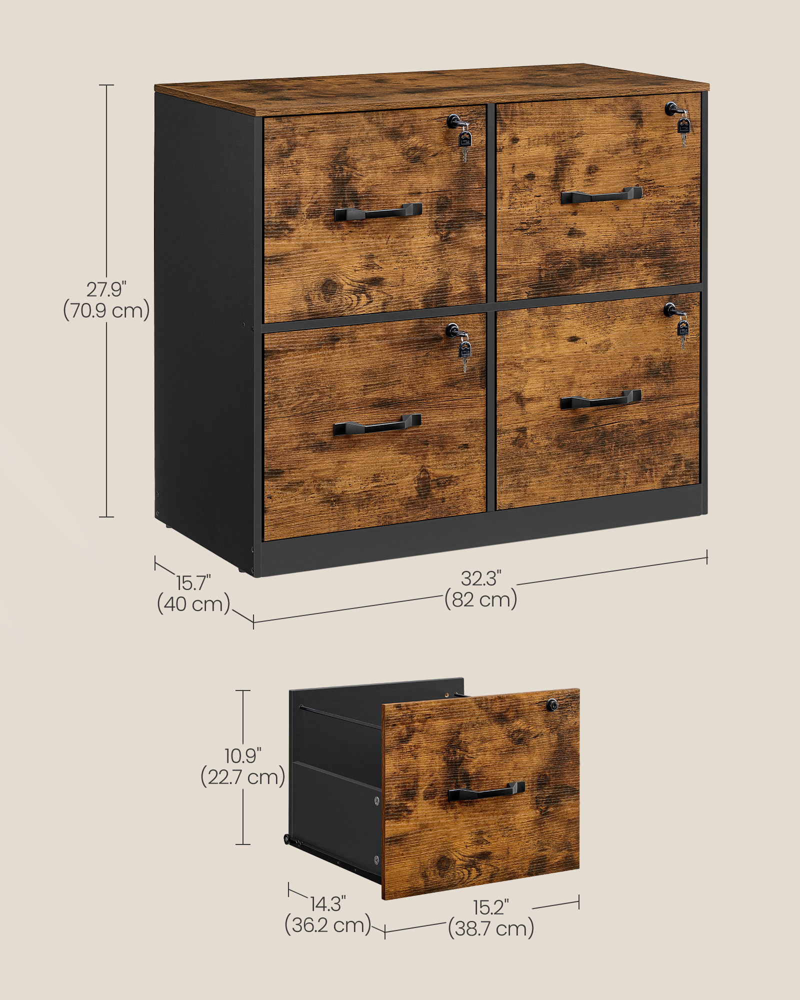 4-Drawer File Cabinet Filing Cabinet Printer Stand Adjustable Hanging Rail for A4 and Letter-Size Files, Rustic Brown