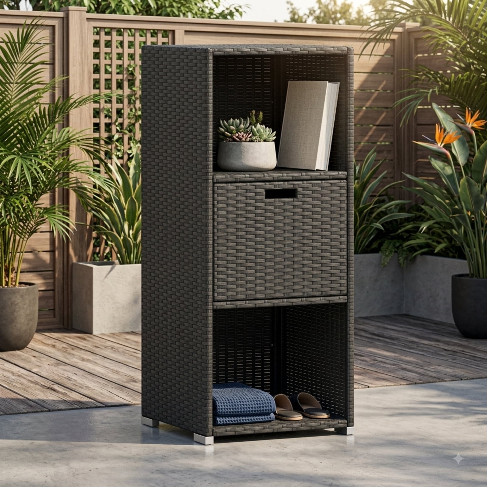 Biotree Outdoor Storage Cabinet with Drawer and 3 Shelves for Patio Porch Poolside Backyard, Mix Brown