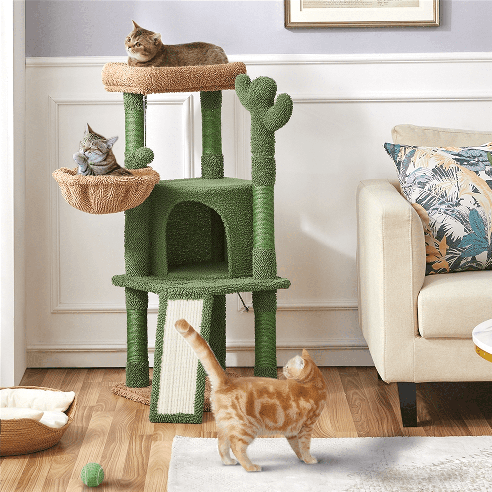 Alden Design 42" H Cactus Cat Tree Tower with Natural Sisal Scratching Posts, Green & Brown