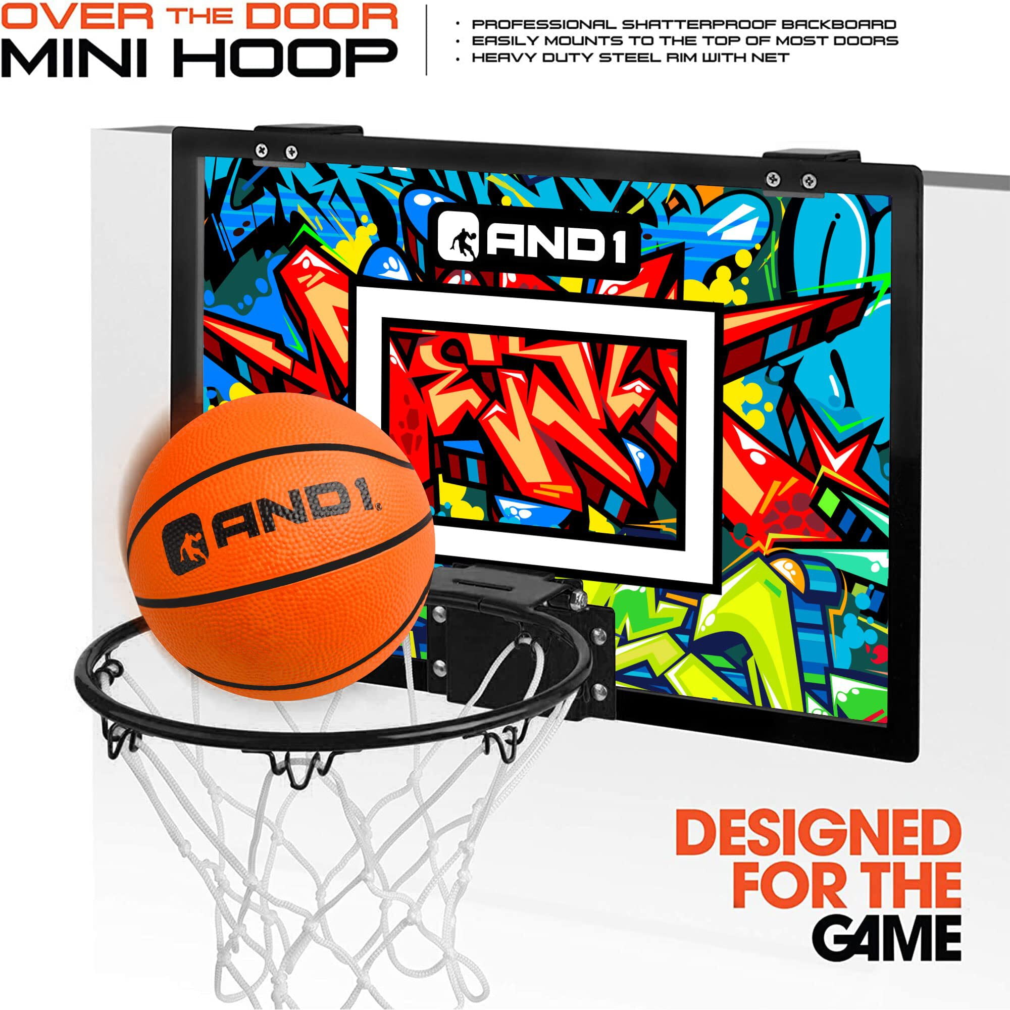 AND1 Over the Door Mini Basketball Hoop Set, 18"x12" Shatterproof Backboard, 1 Mini Basketball & Hand Pump, No Tools Indoor Use