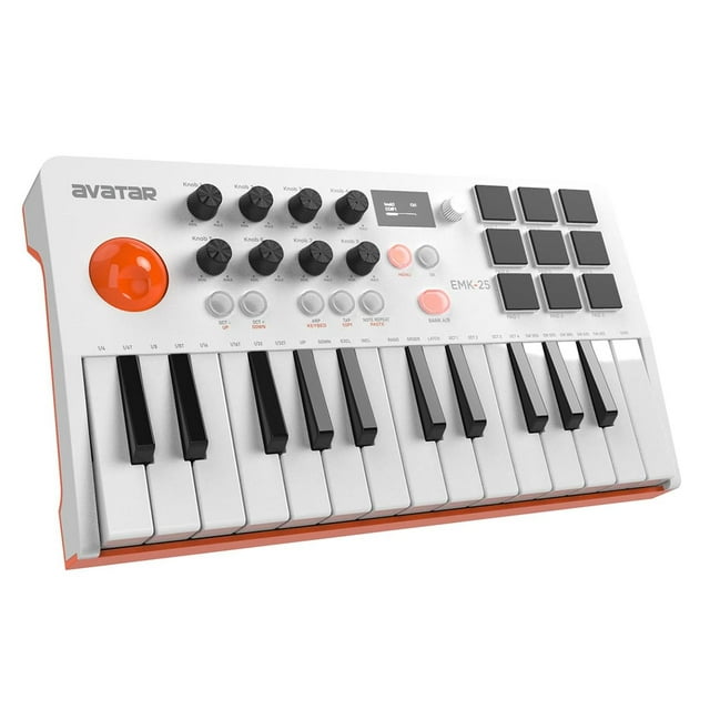 HXW EMK-25 - Teclado MIDI Bluetooth con 25 teclas, 9 almohadillas para orejas de ritmo retroiluminad