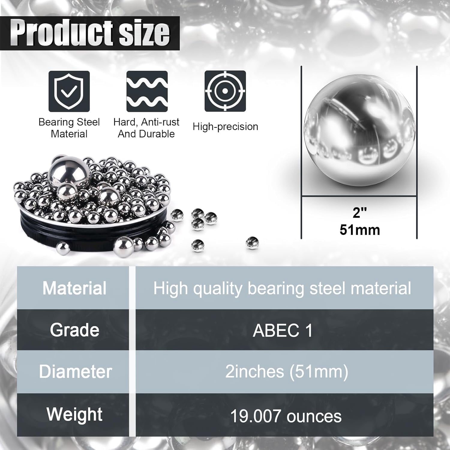 2 Pieces 2 Inch Chrome Steel Bearing Balls, 51mm Precision Steel Balls for Bicycle Bearings