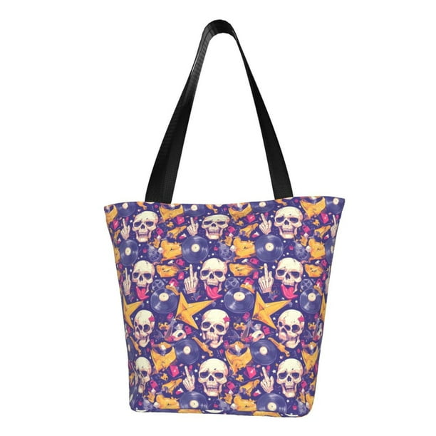 Fotbe rock Skull record Bolsa de Playa con Estampado, Bolsa de Hombro, Bolsa de Mano Espaciosa, Bolsa de Viaje Ligera, Bolsa de Compras Versátil
