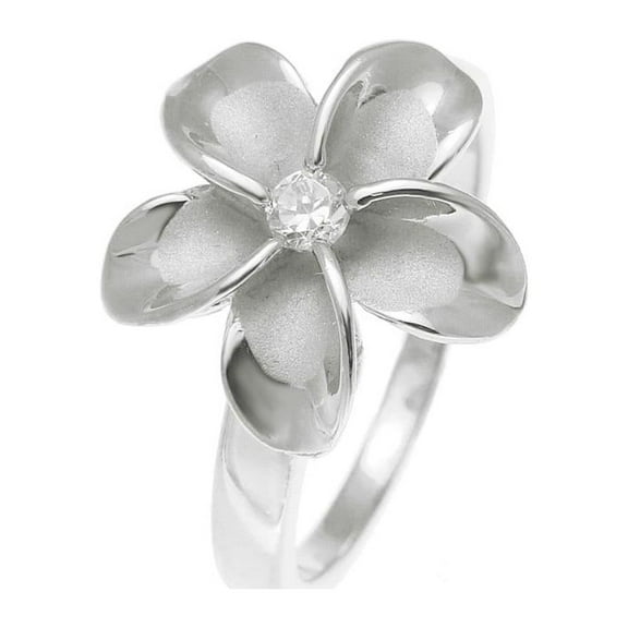 925 sterling silver rhodium plated 15mm Hawaiian plumeria single flower cz ring size 5
