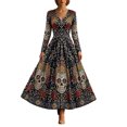 thumbnail image 3 of 2026 Women Long Sleeve V Neck Halloween Midi Dress, Vintage Skull Botanical Print Flared Swing Dress for Photo, 3 of 5