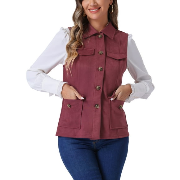 Allegra K Women's Rustic Sleeveless Jacket Button Up Faux Suede Utility Anorak Cargo Vest XL Burgundy