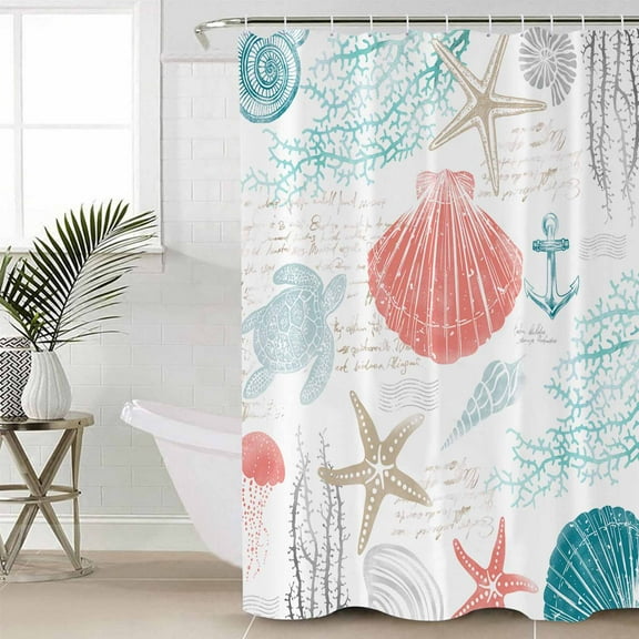 Teal Red Coastal Nautical Bathroom Curtain 72 Inch Shower Curtain with Hooks, Beach Sea Turtle Ocean Coral Starfish Waterproof Polyester Bath Curtain Washable Bathtub Curtain 72''x 72''