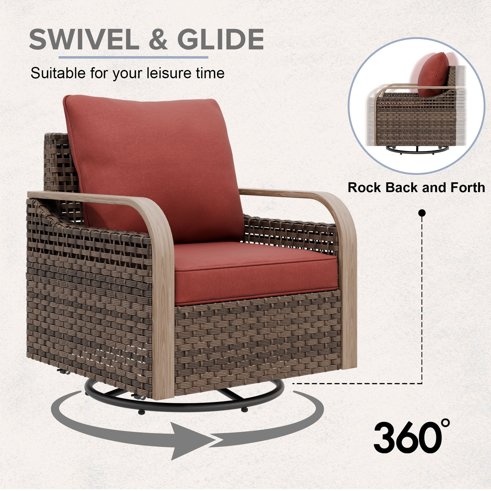 COOS BAY 5 Piece Brown Wicker Patio Sofa Set Outdoor Rattan Furniture Conversation Set Loveseat, Swivel Glider Chairs and Ottomans with Red Cushions