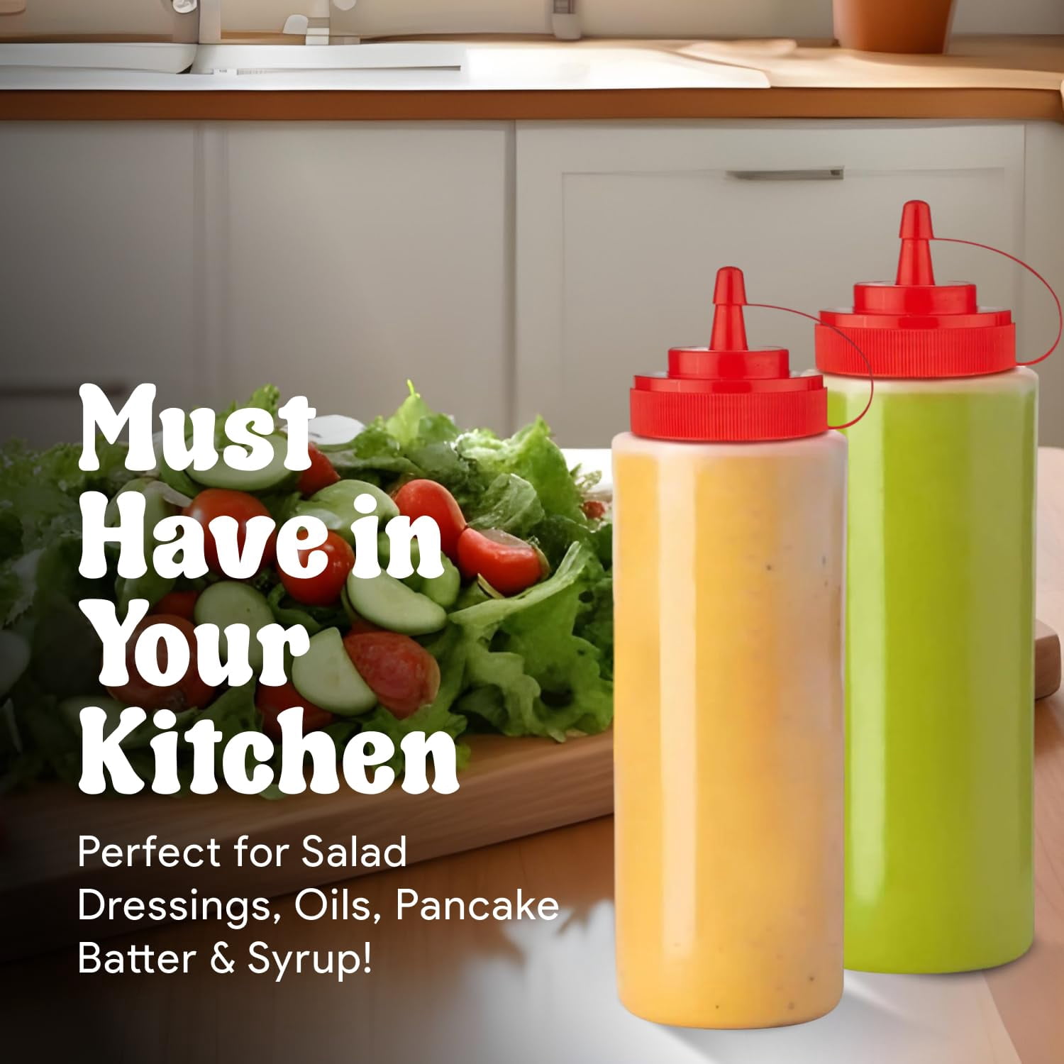 12 oz Condiment Squeeze Bottles for Sauces - Leak Proof Oil, Syrup, Dressing Squirt Bottles - 3 Pack
