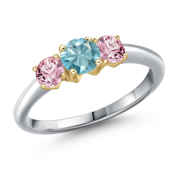 Gem Stone King 10K Two Tone Gold Blue Zircon and Pink Lab Grown Diamond Engagement Ring for Women | 1.35 Cttw | Round 5MM | Gemstone Birthstone | Size 5