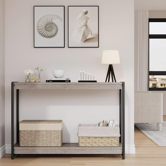 40" Farmhouse Console Table, Slatted 2-Tier Entryway Table with Storage Shelf, Grey Sofa Table for Living Room, Hallway, or Foyer, Grey