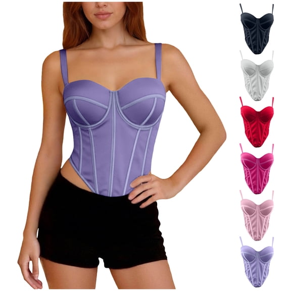 Women's Bustiers & Corsets Spaghetti Strap Underwire Push Up Full Coverage Bodysuit Solid Color Slimming Bustier Tops (XL, Purple)